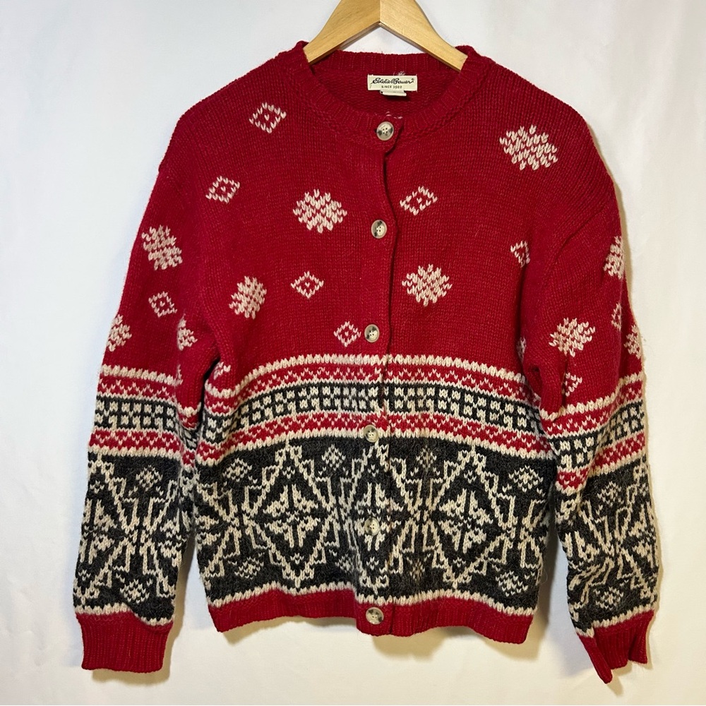 Eddie Bauer Vintage Wool Alpaca sweater cardigan holiday Size Medium red